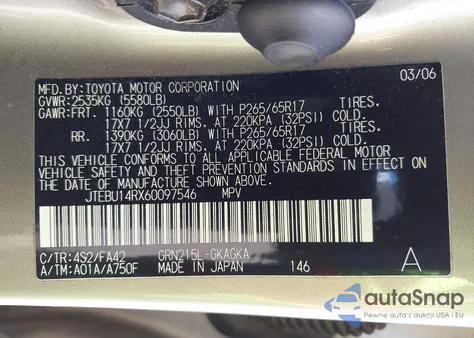 2006 Toyota 4Runner Sr5 V6 из США, поврежденный, VIN JTEBU14RX60097546